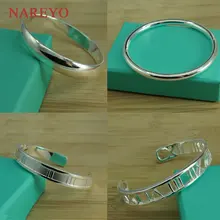 Nareyo 925 Sterling Silver Color Bangles Simple Smooth Cuff Bracelet for Women Birthday Gift High Class