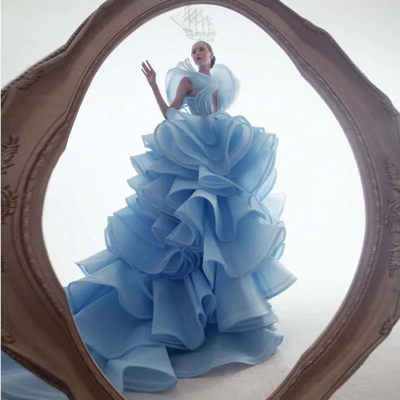 

Amazing 3D Design Ruffled Tiered Prom Dress Women 2023 Puffy Sky Blue Deep V Neck Backless Long Train Organza Maternity Gowns