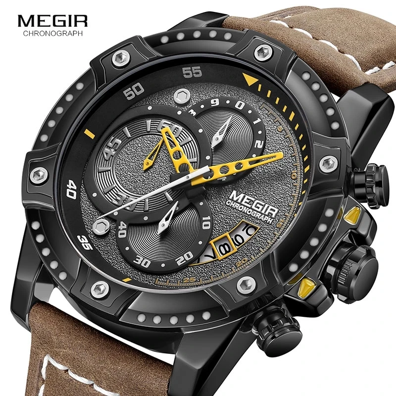 

MEGIR Beiläufige Uhr Männer Top Marke Luxus Chronograph Quarz Armbanduhr Lederband Armee Sport Uhren Relogios Masculio 2130