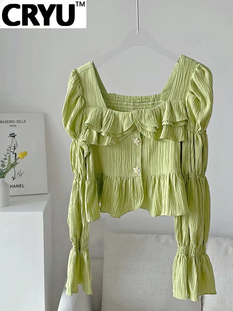 Women Autumn Winter Square Collar Pleated Ruffle Design Blouses Floral Button Solid Color Irregular Clipping Long Sleeve Tops
Women Autumn Winter Square Collar Pleated Ruffle Design Blouses Floral Button Solid Color Irregular Clipping Long Sleeve Tops
