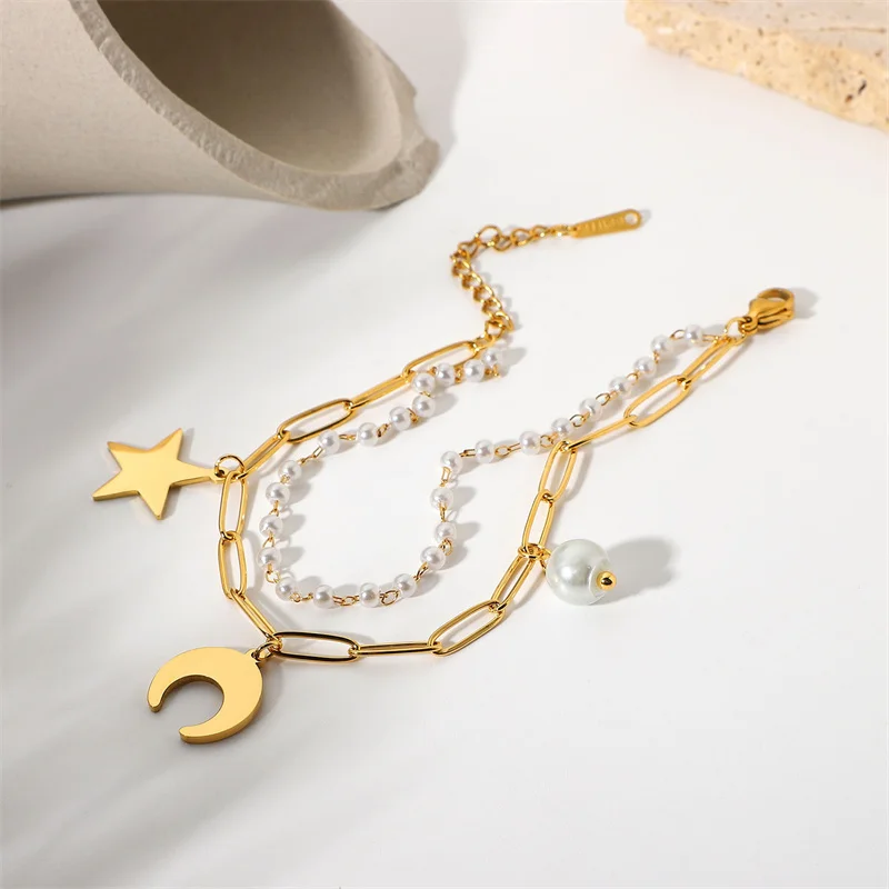 Popular 18K Gold Plated Stainless Steel Pearl Chain Jewelry Trend Star Moon Accessories Pendant 2 Layer Bracelet Women JDB201125
Popular 18K Gold Plated Stainless Steel Pearl Chain Jewelry Trend Star Moon Accessories Pendant 2 Layer Bracelet Women JDB201125