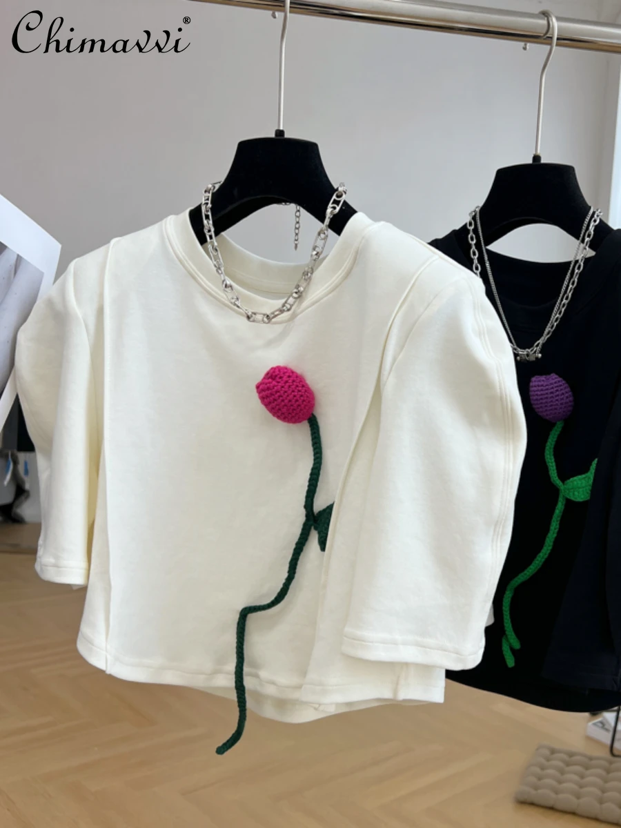 European 3D Flower Padded Shoulder Puff Short Sleeve T-shirt Women 2022 Summer New Fashion Loose-Fitting Short Pullover Top Tees 
European 3D Flower Padded Shoulder Puff Short Sleeve T-shirt Women 2022 Summer New Fashion Loose-Fitting Short Pullover Top Tees