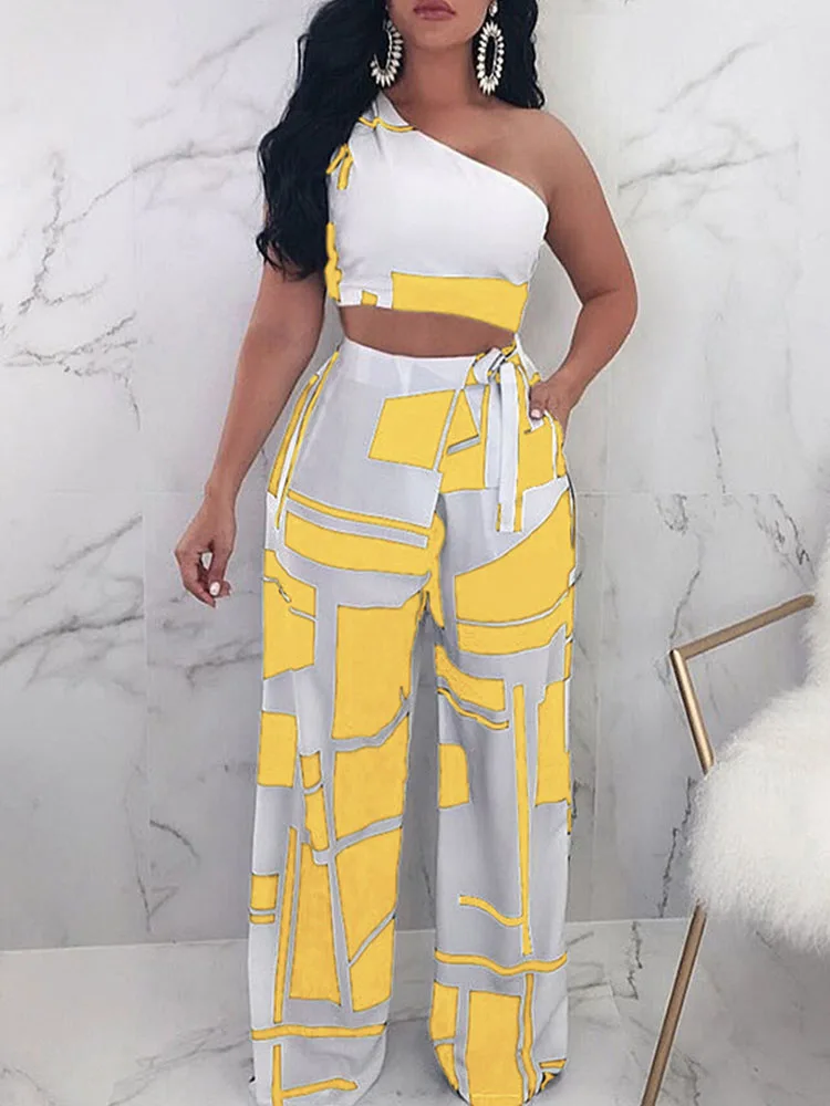 Female Fashion Pattern Print Outfits Women One Shoulder Crop Tops + High Waist Lace-up Long Pant Suit New Summer Streetwear 2pcs
Female Fashion Pattern Print Outfits Women One Shoulder Crop Tops + High Waist Lace-up Long Pant Suit New Summer Streetwear 2pcs