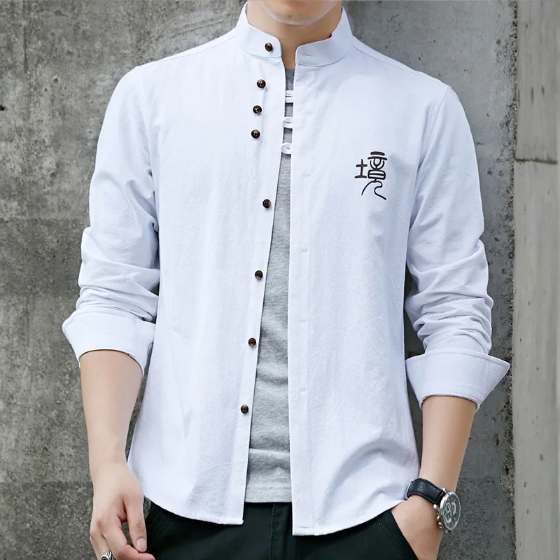 

2022 Traditional Chinese Men Retro Casual Shirt Cotton Tops Male Stand Collar Solid Color Kung Fu Clothes Tunic Tang Suit