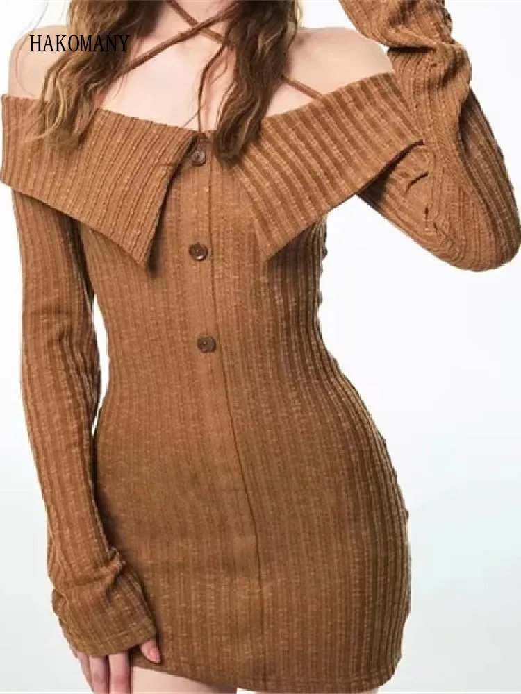 

2022 Woman Sexy Stretch Women Rib Knitted Dress Vintage Lapel Slash Off Shoulder Sweater Dresses Mini Robe Package hips