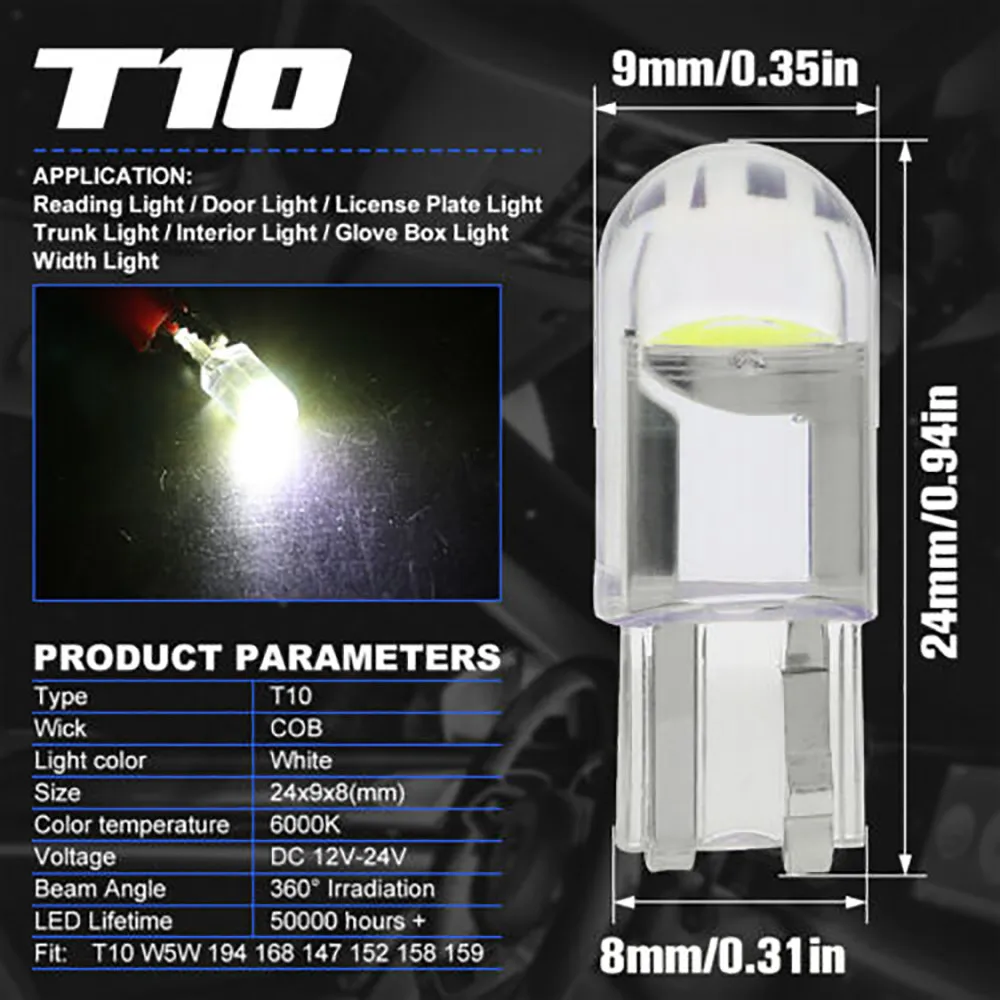 10PCS LED Car Wedge Parking Light Side Door Bulb Instrument Lamp Auto License Plate Light For T10 W5W WY5W 168 501 2825 COB
10PCS LED Car Wedge Parking Light Side Door Bulb Instrument Lamp Auto License Plate Light For T10 W5W WY5W 168 501 2825 COB