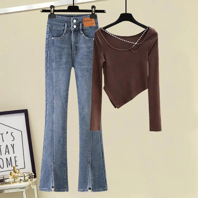 Women's Spring Irregular O-Neck T Shirt Pants Set Korean Elegant All-match Top + High Waist Trousers Two-Piece Jeans Suit E216 
Women's Spring Irregular O-Neck T Shirt Pants Set Korean Elegant All-match Top + High Waist Trousers Two-Piece Jeans Suit E216