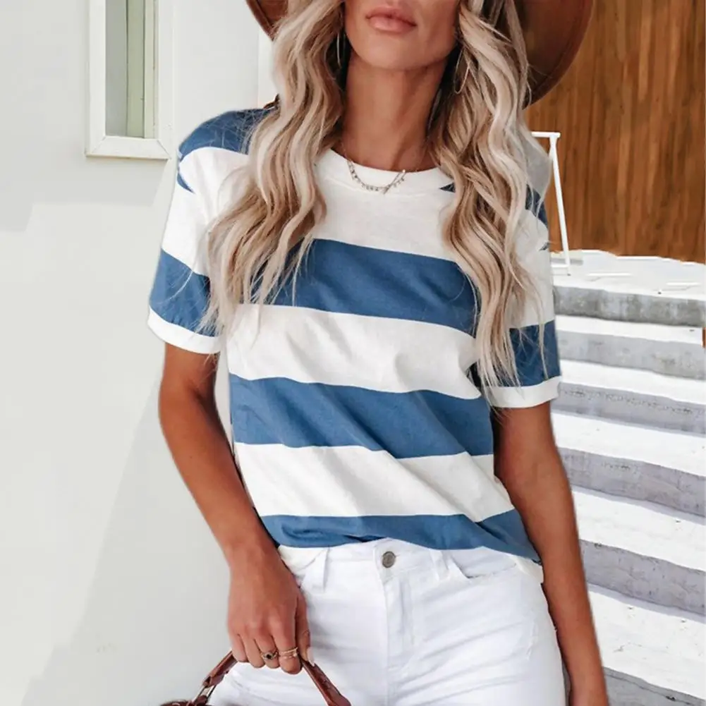Skin-touching Fashion Blue White Stripe Printed Summer Blouse Loose Casual T-shirt Shrink Resistant Female Clothing
Skin-touching Fashion Blue White Stripe Printed Summer Blouse Loose Casual T-shirt Shrink Resistant Female Clothing
