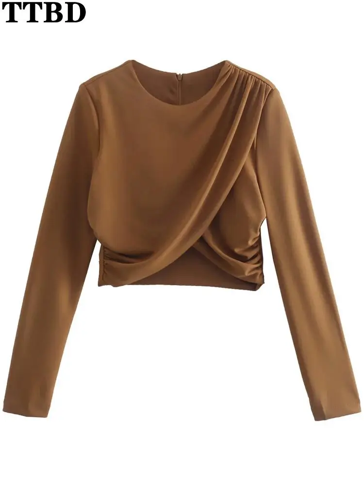 TTBD футболка женский traf Women 2022 fashion pleated cropped blouses vintage long sleeve back zipper female shirts chic tops
TTBD футболка женский traf Women 2022 fashion pleated cropped blouses vintage long sleeve back zipper female shirts chic tops