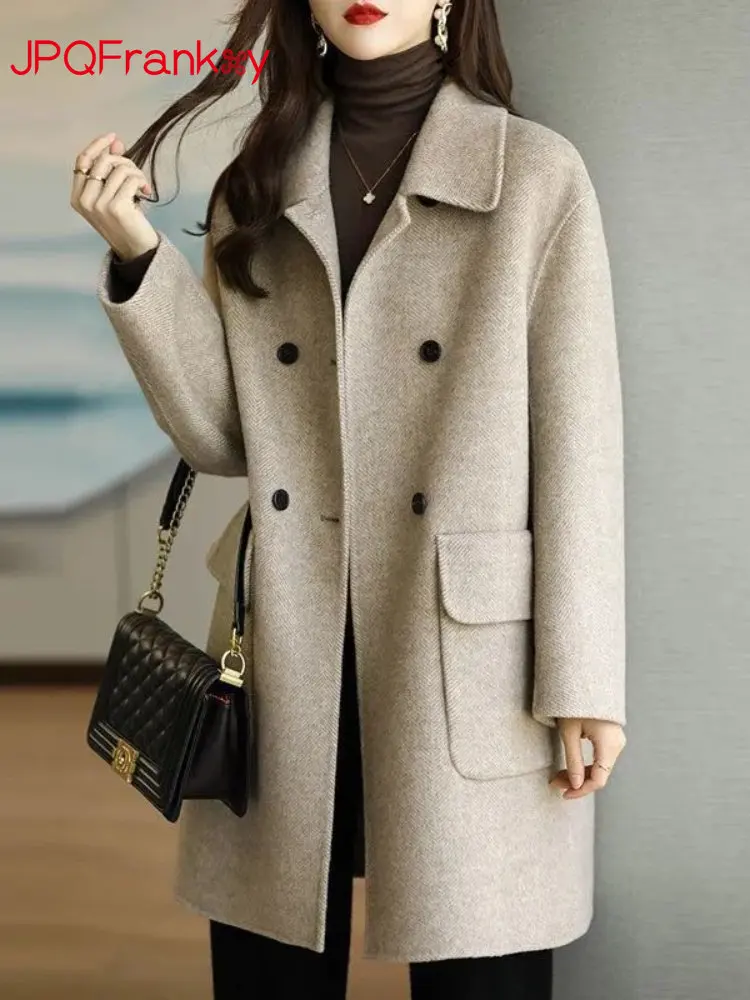 

Женское двубортное шерстяное пальто, плотное Свободное пальто в Корейском стиле, теплая куртка для осени и зимы, 2023
