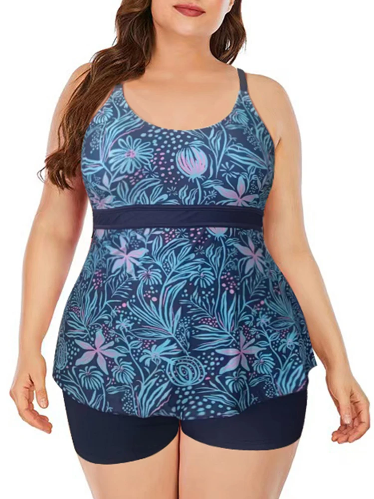

Plus Size Women's High Waisted Ruffled Tummy Control Tankini Swimdress 3XL Large Size Two Piece Swimsuit Bathing Suit Swimwear