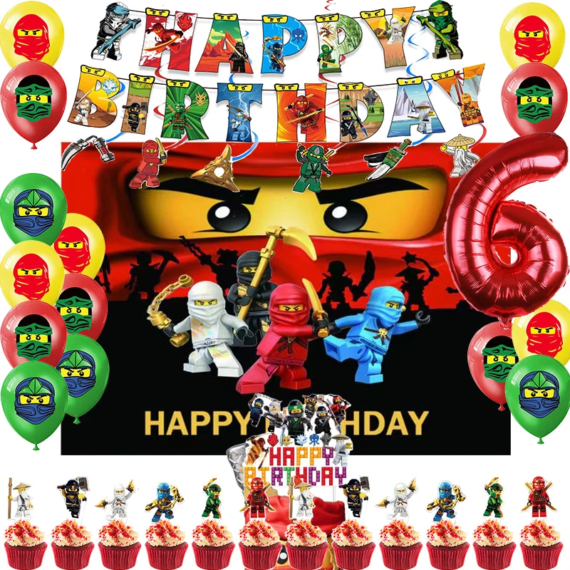 

Ниндзяго, украшение для дня рождения, воздушный шар, баннер, фон, торт, Топпер, ниндзя, товары для вечеринки, детский душ