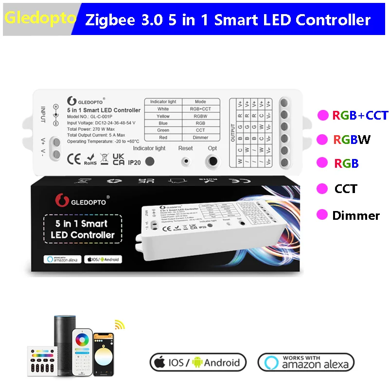 Gledopto Zigbee 3.0 5 in 1 Smart LED Controller For RGBCCT/RGBW/RGB/ CCT/Dimmer LED Strip APP/Voice/RF Remote Control DC12-54V 
Gledopto Zigbee 3.0 5 in 1 Smart LED Controller For RGBCCT/RGBW/RGB/ CCT/Dimmer LED Strip APP/Voice/RF Remote Control DC12-54V