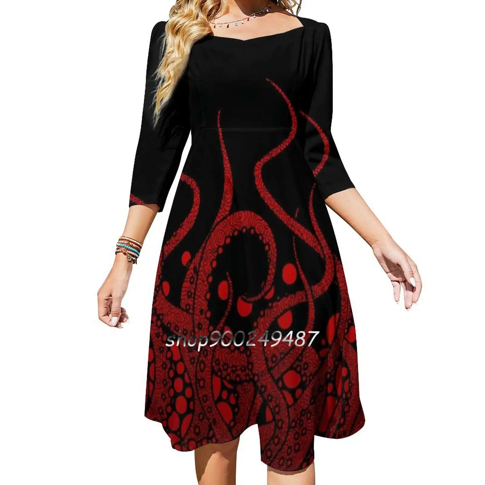 

Платье женское летнее с квадратным вырезом, милое элегантное платье с лямкой на шее, с принтом в виде щупалец, осьминога, кальмара, красное черное