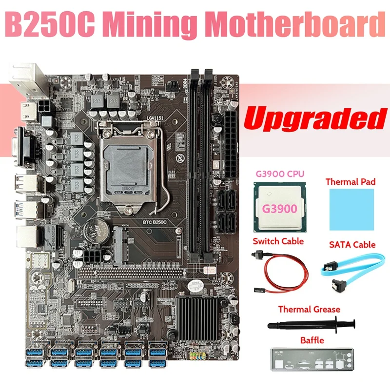 B250C ETH Miner Motherboard+G3900 CPU+Baffle+SATA Cable+Switch Cable+Thermal Grease+Thermal Pad LGA1151 12USB GPU Slot 
B250C ETH Miner Motherboard+G3900 CPU+Baffle+SATA Cable+Switch Cable+Thermal Grease+Thermal Pad LGA1151 12USB GPU Slot