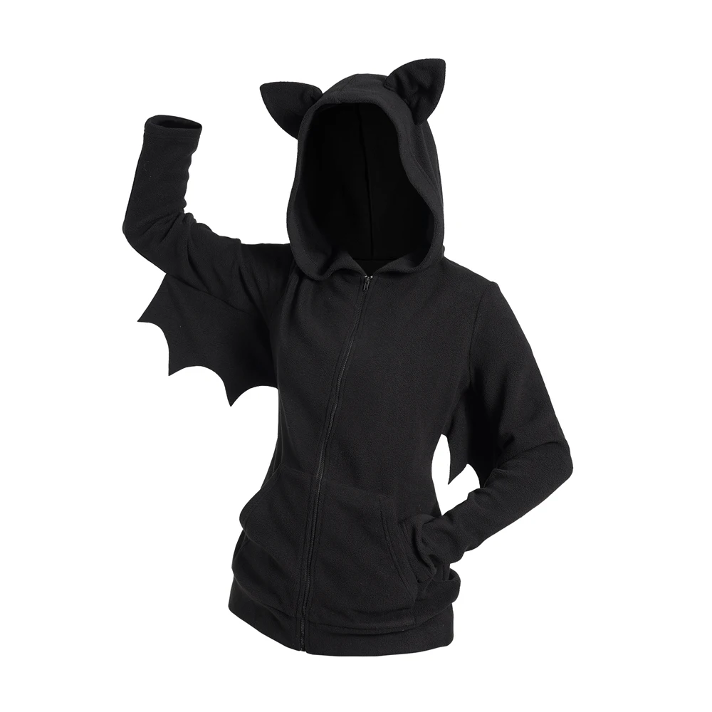 

Dressfo Gothic Halloween Costume Bat Fleece Hooded Jacket Zip Up Solid Color Top With Hood