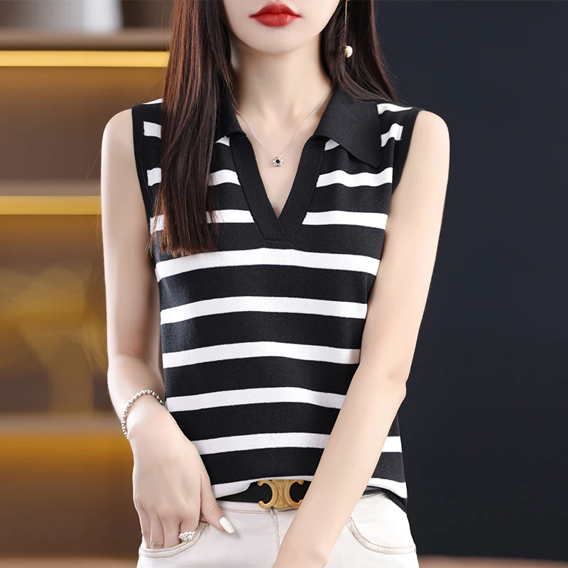 Sweet and spicy POIO neck striped vest female design sense niche wearing sling loose versatile sleeveless top. 
Sweet and spicy POIO neck striped vest female design sense niche wearing sling loose versatile sleeveless top.