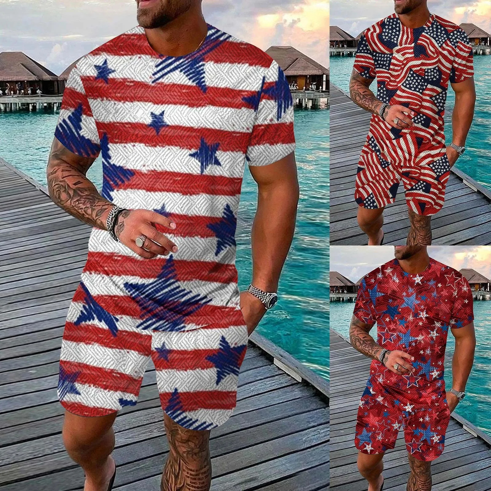 Mens Two Piece Rain Suit Men's Casual Sports Summer Independence Day Flag Short Sleeved Set 2 Double Breasted Suit Men Slim
Mens Two Piece Rain Suit Men's Casual Sports Summer Independence Day Flag Short Sleeved Set 2 Double Breasted Suit Men Slim