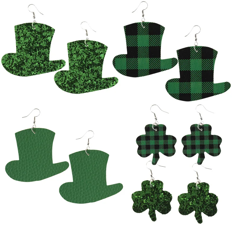 

St Patricks Day Earrings Green Leather Earrings For Women Lucky Clover Rainow Earrings Shamrock Holiday Ear Stud Irish Jewelry