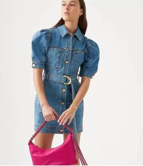 2023 New Spring Latest Top Quality Vintage Solid Blue Pink Puff Sleeve Mini Denim Dresses with Belt for Women
2023 New Spring Latest Top Quality Vintage Solid Blue Pink Puff Sleeve Mini Denim Dresses with Belt for Women