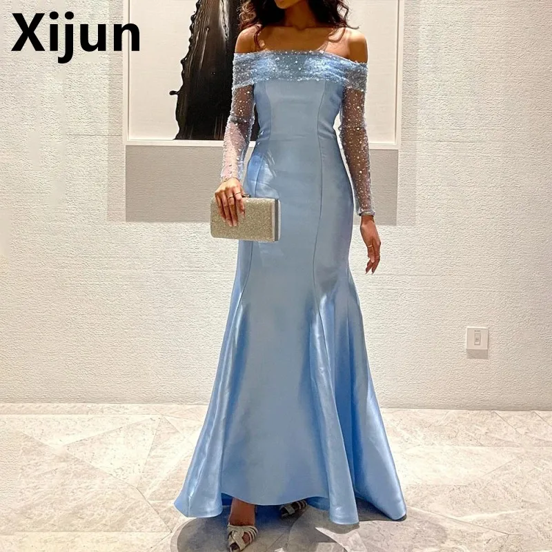 Xijun Mermaid Sky Blue Evening Party Dresses Off Shoulder Sequines Long Sleeve Saudi Arabia Formal Prom Dresses
Xijun Mermaid Sky Blue Evening Party Dresses Off Shoulder Sequines Long Sleeve Saudi Arabia Formal Prom Dresses