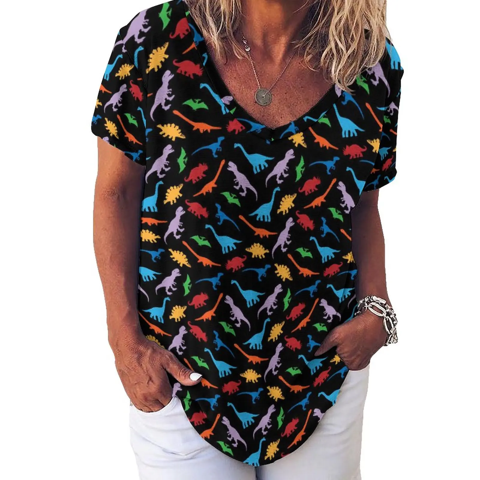 Dinosaur Silhouette T-Shirts Colorful Animal V Neck Casual Oversized T-Shirt Short-Sleeve Cool Tee Shirt Sexy Design Top Tees
Dinosaur Silhouette T-Shirts Colorful Animal V Neck Casual Oversized T-Shirt Short-Sleeve Cool Tee Shirt Sexy Design Top Tees