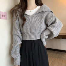 Rimocy Long Sleeve Cropped Sweater Women Autumn Winter Turn Down Collar Knitted Jumper Woman Korean Style Solid Color Jerseys