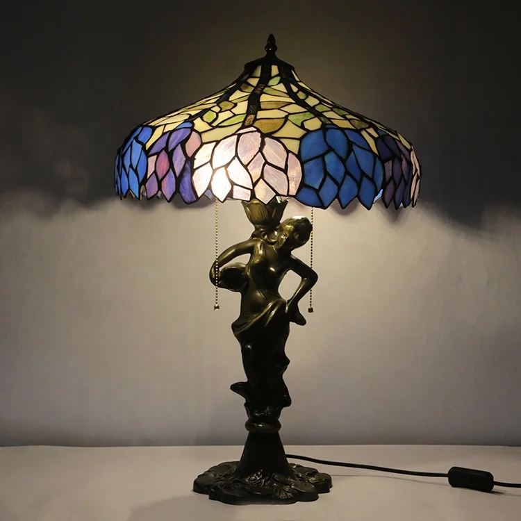 

LongHuiJing Tiffany Mermaid Base Table Lamp Handmade Stained Glass Lampshade With 16Inch Lighting 2-Light Desk Lights