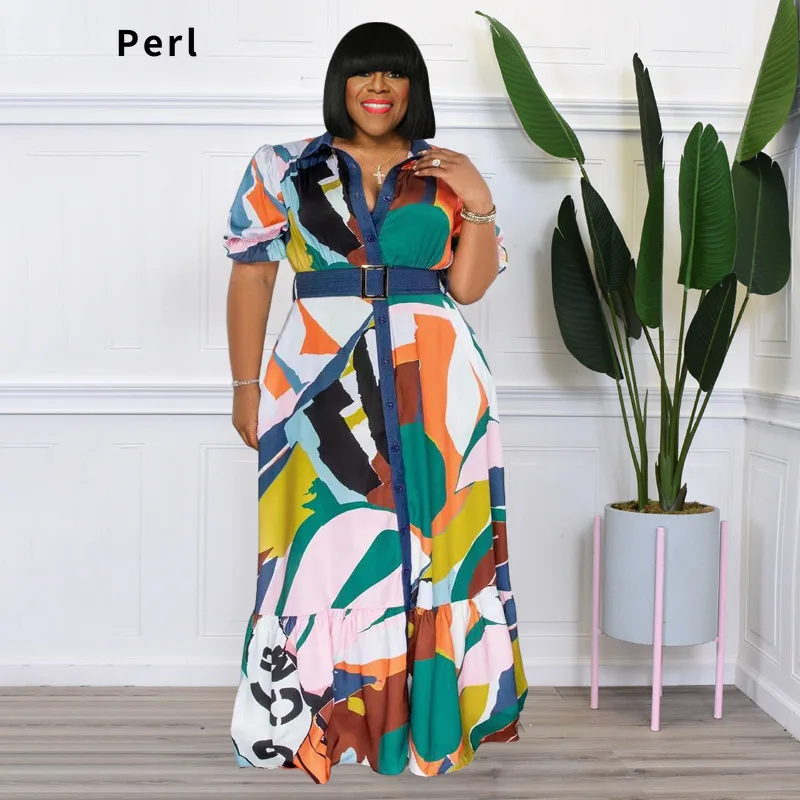Perl Xl-5xl Printed Plus Size Women Clothing Turn Down Collar Maxi Dress with Belt Short Sleeve High Waist Outfit Street Wear
Perl Xl-5xl Printed Plus Size Women Clothing Turn Down Collar Maxi Dress with Belt Short Sleeve High Waist Outfit Street Wear