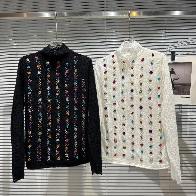 Colorful Gemstones Beads High Collars Velvet Hook Flowers Lace Tops Blouses Winter Bottoms Black White Stand Neck T-Shirts 2022
Colorful Gemstones Beads High Collars Velvet Hook Flowers Lace Tops Blouses Winter Bottoms Black White Stand Neck T-Shirts 2022