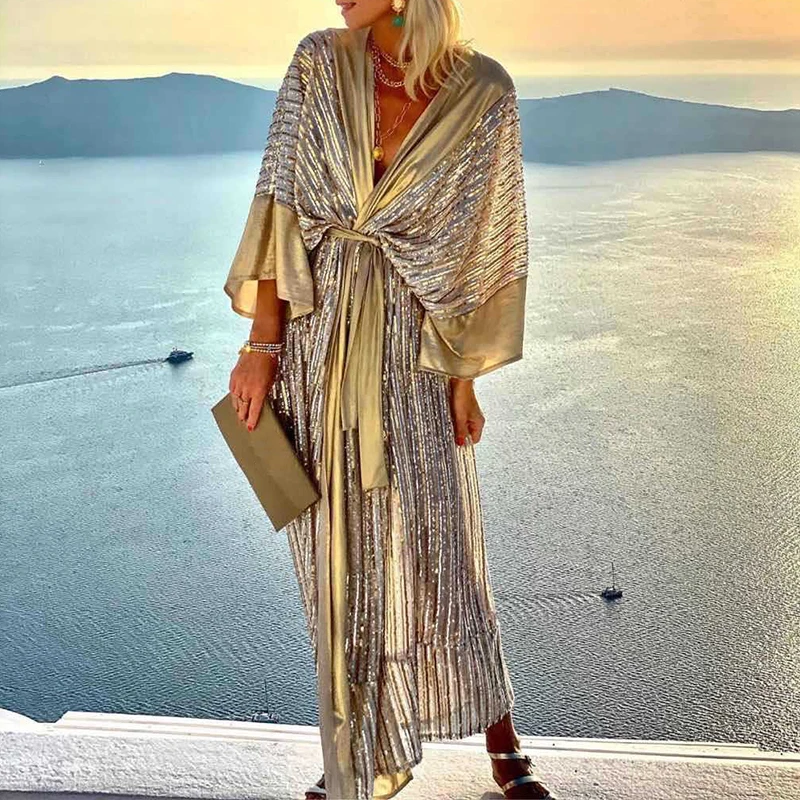 Elegant Batwing Sleeve Club Party Dress Fashion Patchwork Shiny Lace-up Beach Dress Autumn New Women Sexy Deep V Neck Long Dress
Elegant Batwing Sleeve Club Party Dress Fashion Patchwork Shiny Lace-up Beach Dress Autumn New Women Sexy Deep V Neck Long Dress
