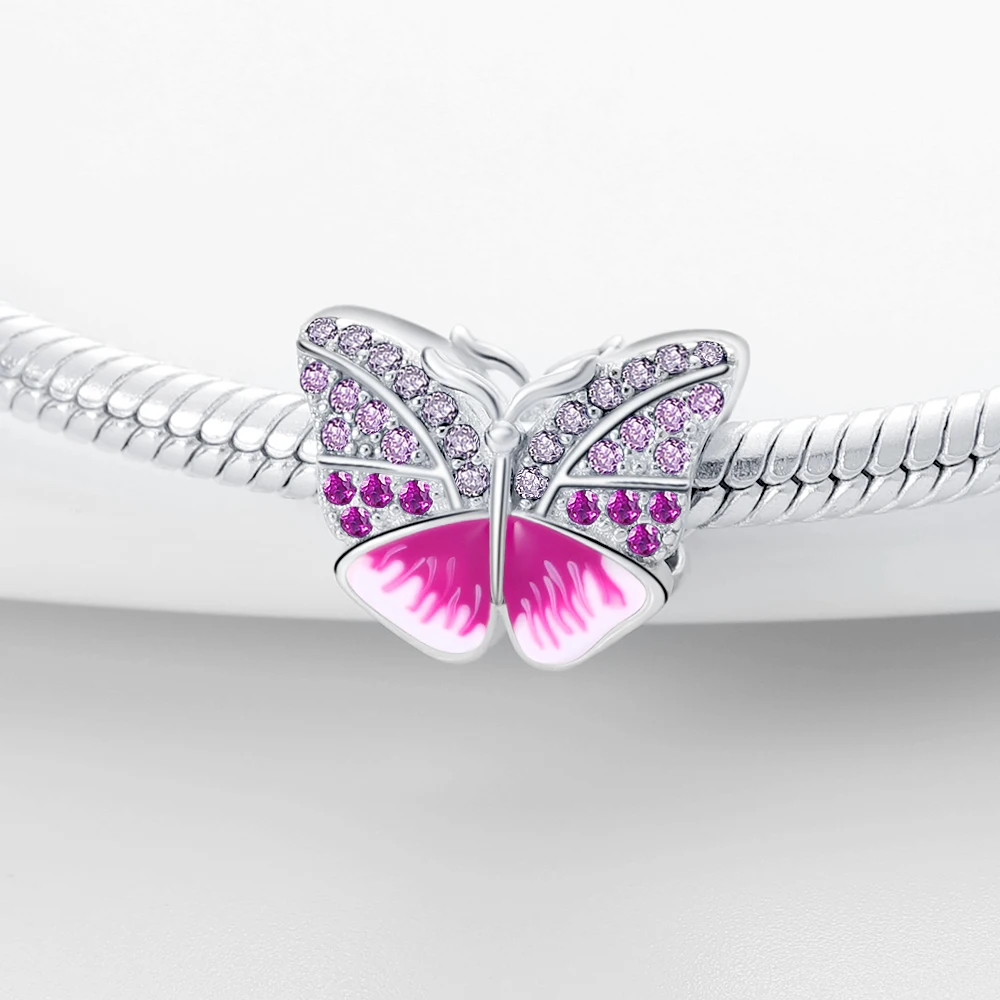 Синяя бабочка блестящий цветок пансии шарм серебро 925 ювелирные изделия для Pandora