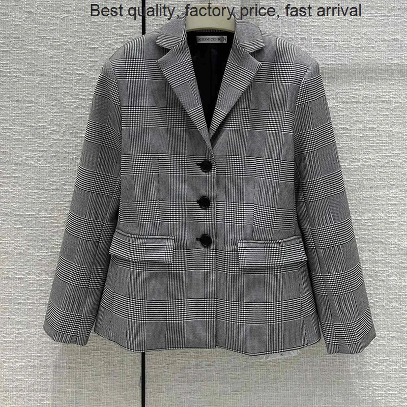 

Женское однобортное пальто в клетку, серое клетчатое винтажное пальто с отложным воротником, приталенная однобортная верхняя одежда с рисунком «гусиная лапка», осень