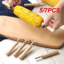 5/7PCS Meat Fruit Forks Wooden Handle Stainless Steel Barbecue Corn Holder Home Camping Barbecue Forks Multifunctional Tools NEW