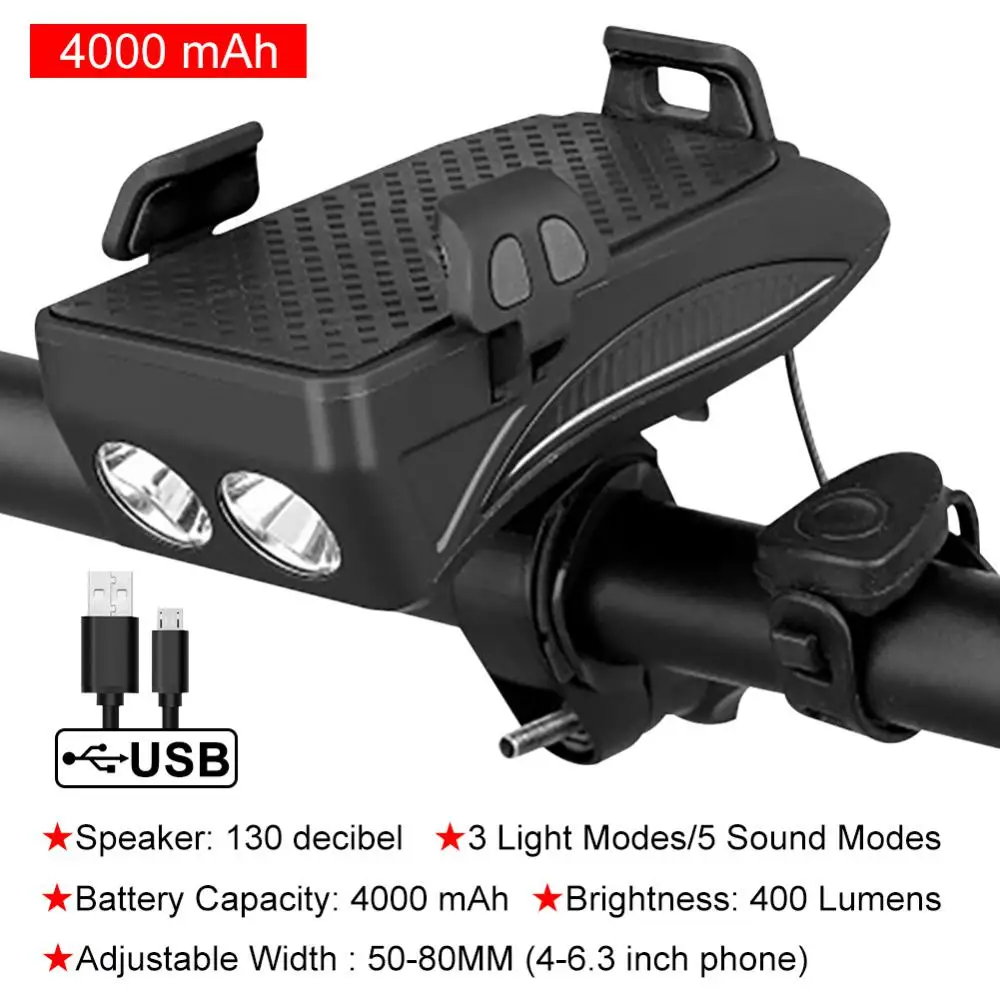 4000mAh LED Bicycle Lights Mobile Phone Bracket Cycling Front Lamp Speaker Alarm USB 4 in 1 Multi-function Bicycle Accessories 
4000mAh LED Bicycle Lights Mobile Phone Bracket Cycling Front Lamp Speaker Alarm USB 4 in 1 Multi-function Bicycle Accessories