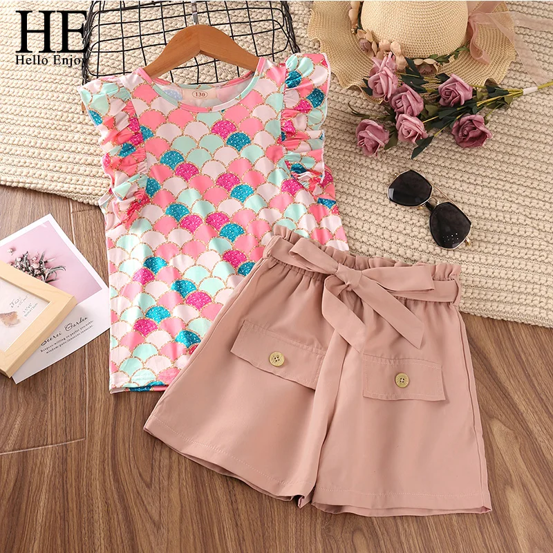 HE Hello Enjoy Teenage Girls Clothes Sets New Fashion Fish Scale Pattern Lace Sleeve Top Shorts Casual Outfits Baby Kid Clothing
HE Hello Enjoy Teenage Girls Clothes Sets New Fashion Fish Scale Pattern Lace Sleeve Top Shorts Casual Outfits Baby Kid Clothing