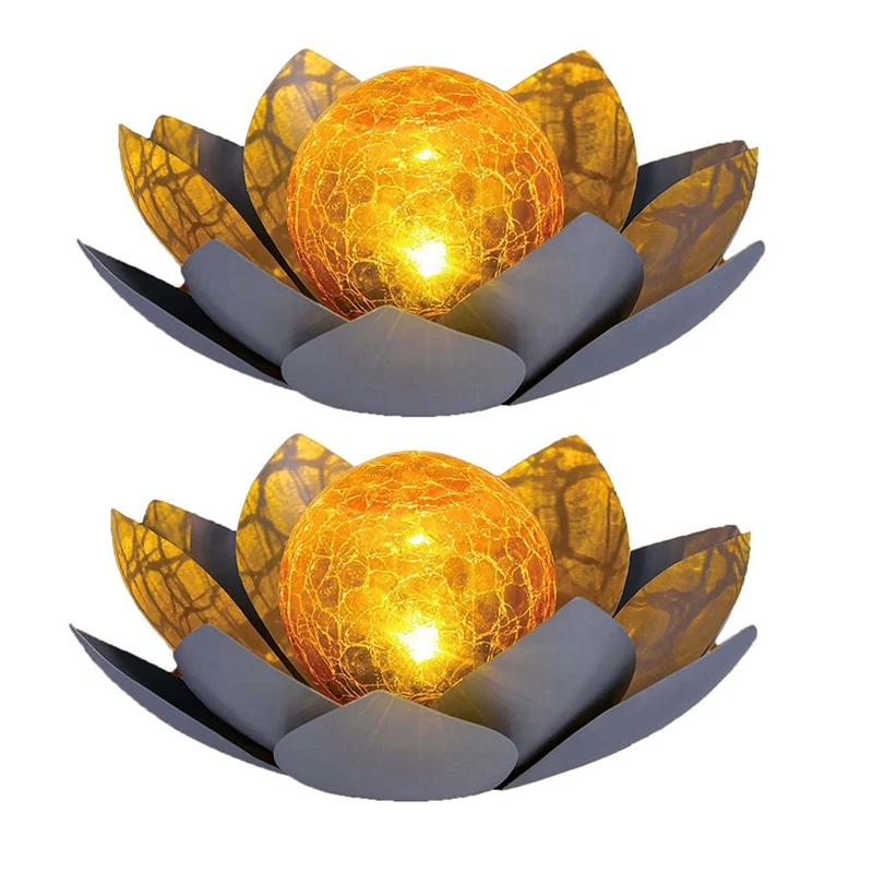

2X Solar Lights Outdoor Garden Decor, Amber Crackle Globe Glass Lotus Decoration,Waterproof Metal Flower Light(Gray)