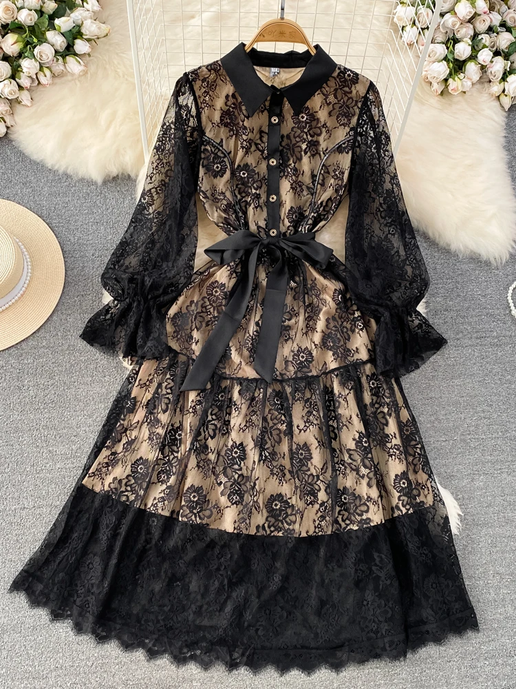 

FTLZZ Autumn Winter Elegant Lady Lapel Puff Sleeve Midi Dress Vintage Lace Mesh Hollow Out Dress Ruffled Embroidery A-line Dress