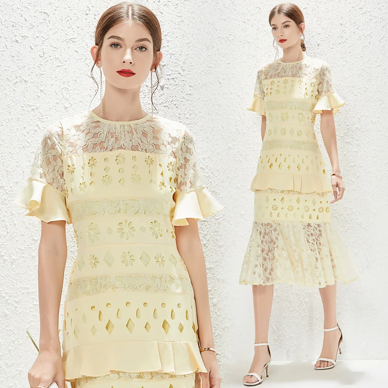 COIGARSAM Dresses Women 2022 New Fashion Lace Hollow Out Light Yellow Qi Yards Dress Dropshipping
COIGARSAM Dresses Women 2022 New Fashion Lace Hollow Out Light Yellow Qi Yards Dress Dropshipping