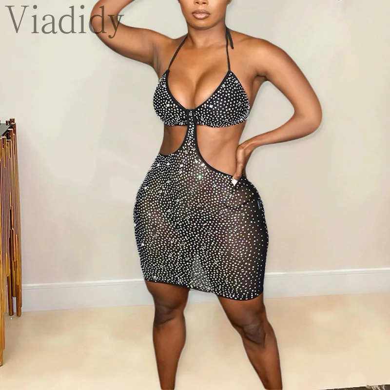 Women Sexy Deep V Neck Spaghetti Strap Backless Lace-up Cut Out Rhinestone Decor Mini Dress
Women Sexy Deep V Neck Spaghetti Strap Backless Lace-up Cut Out Rhinestone Decor Mini Dress