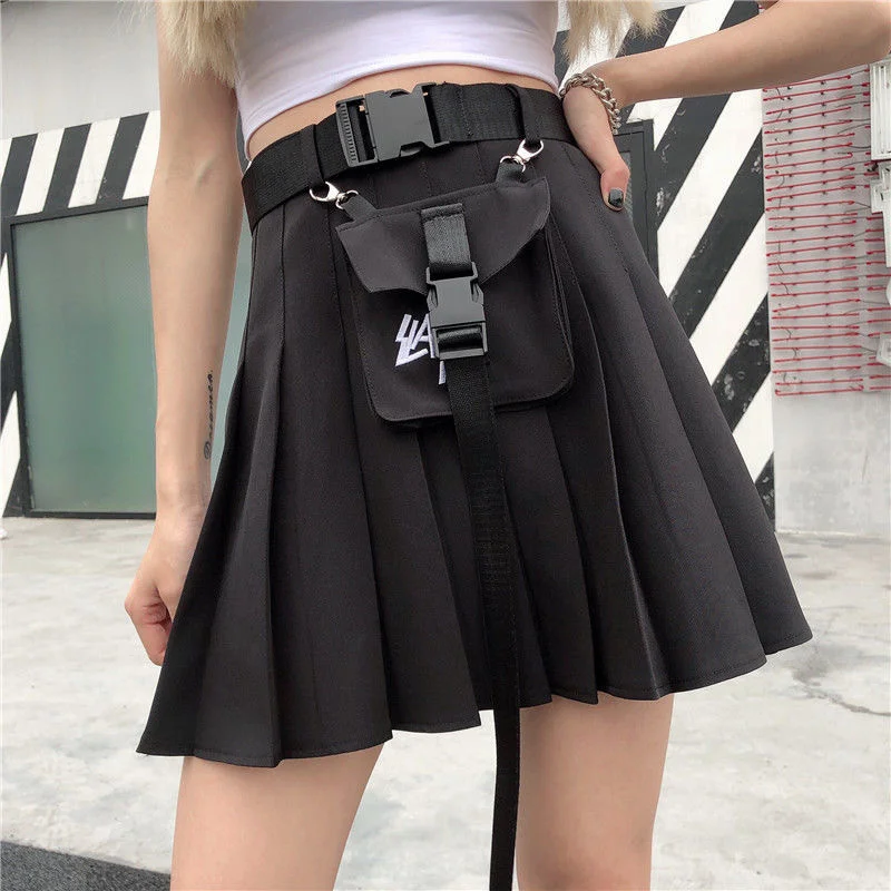 Women's High Waist Mini A-line Skirt Pocket Black Pleated Student Streetwear School Girl Uniform Korean Clothing With Bag Belt 
Women's High Waist Mini A-line Skirt Pocket Black Pleated Student Streetwear School Girl Uniform Korean Clothing With Bag Belt