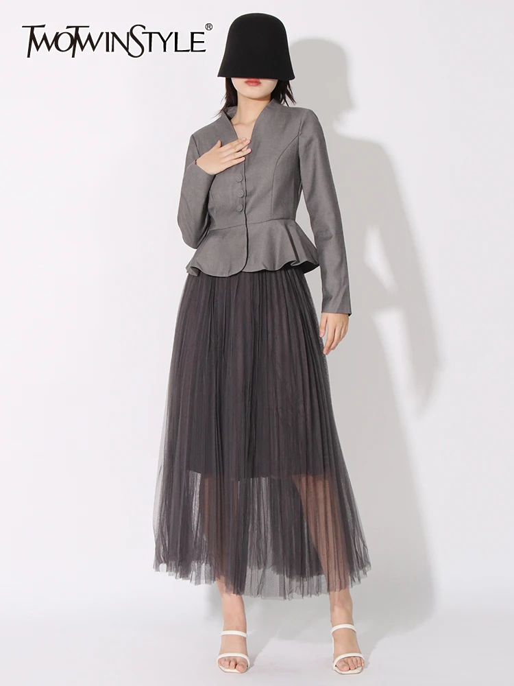 TWOTWINSTYLE Solid Two Piece Sets For Women V Neck Long Sleeve Blazers High Waist A Line Skirt Casual Set Female Fashion Clothes
TWOTWINSTYLE Solid Two Piece Sets For Women V Neck Long Sleeve Blazers High Waist A Line Skirt Casual Set Female Fashion Clothes