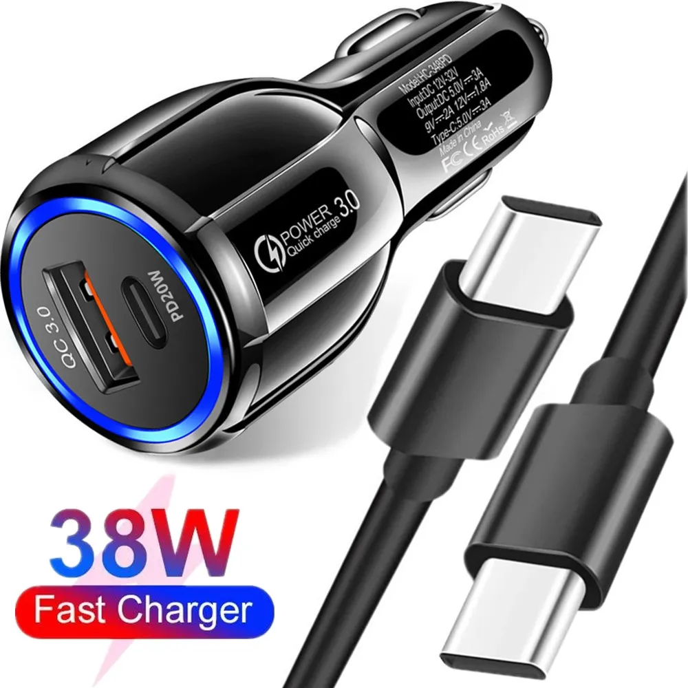 

Universal Dual Ports PD 20W 38W Car Charger QC3.0 4.0 Power Charger Type c Cable For Iphone 12 13 14 Samsung huawei htc