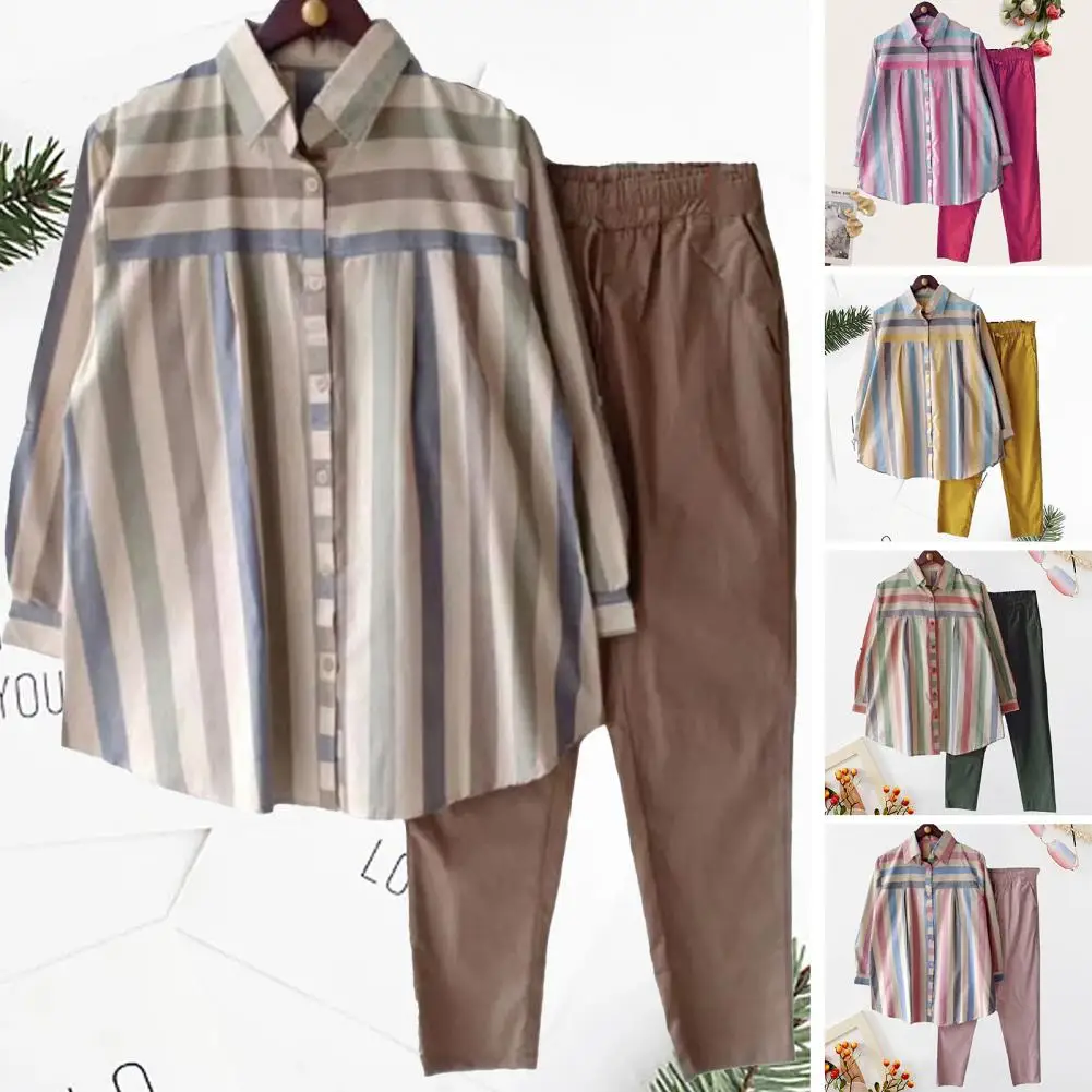 Trendy Casual Outfit Thin Shirt Trousers Set Elastic Waistband Dressing Up Striped Print Shirt Solid Color Pants Set
Trendy Casual Outfit Thin Shirt Trousers Set Elastic Waistband Dressing Up Striped Print Shirt Solid Color Pants Set