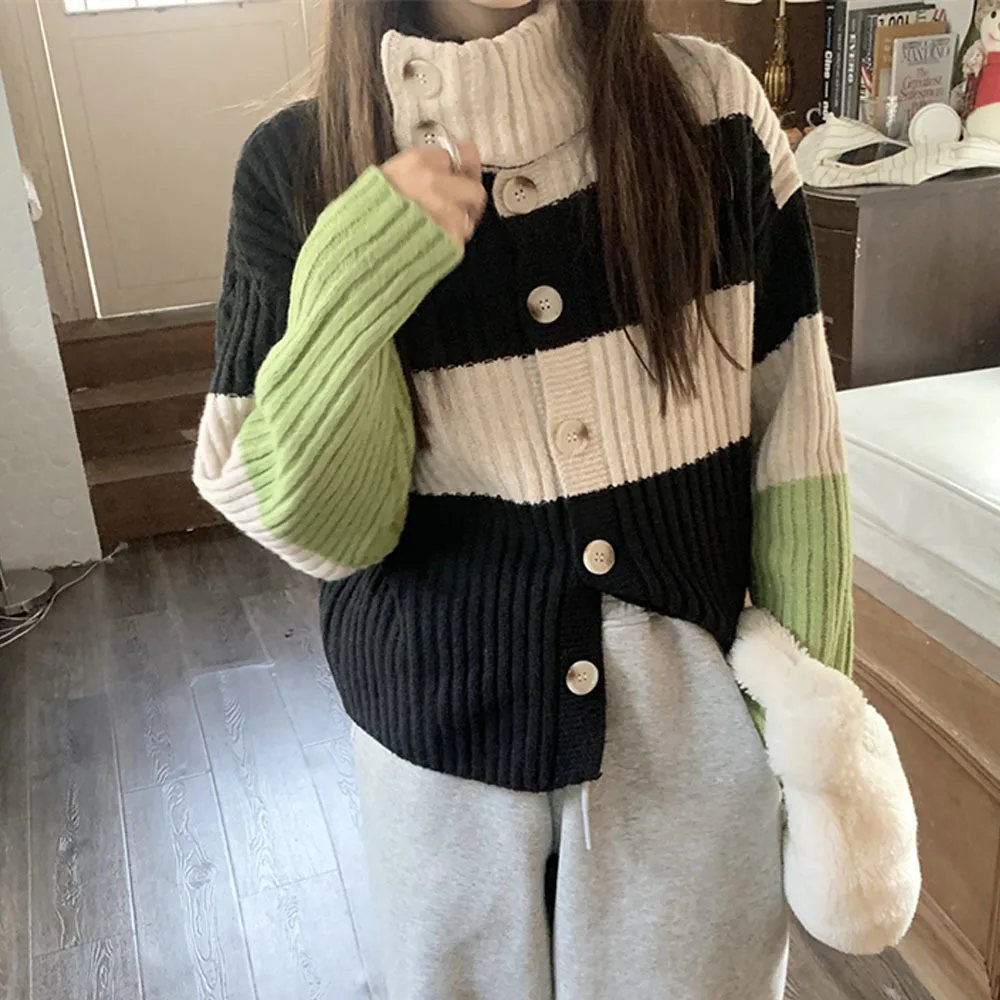 Turtleneck Sweater Women's Autumn American Retro Color Contrast Popular Knitted Cardigan Loose Versatile Sweaters Coat Female
Turtleneck Sweater Women's Autumn American Retro Color Contrast Popular Knitted Cardigan Loose Versatile Sweaters Coat Female