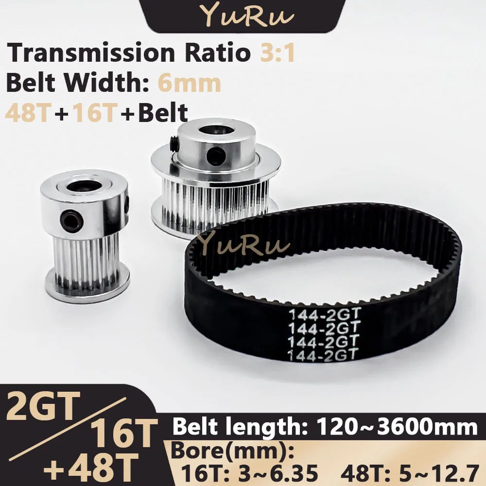 

2M 2GT 16 48Teeth GT2 16T 48T 3:1 Timing Pulley Belt Kit Bore 3~12mm Belt Width 6mm Tensioning Wheel Synchronous Pulley Belt Set