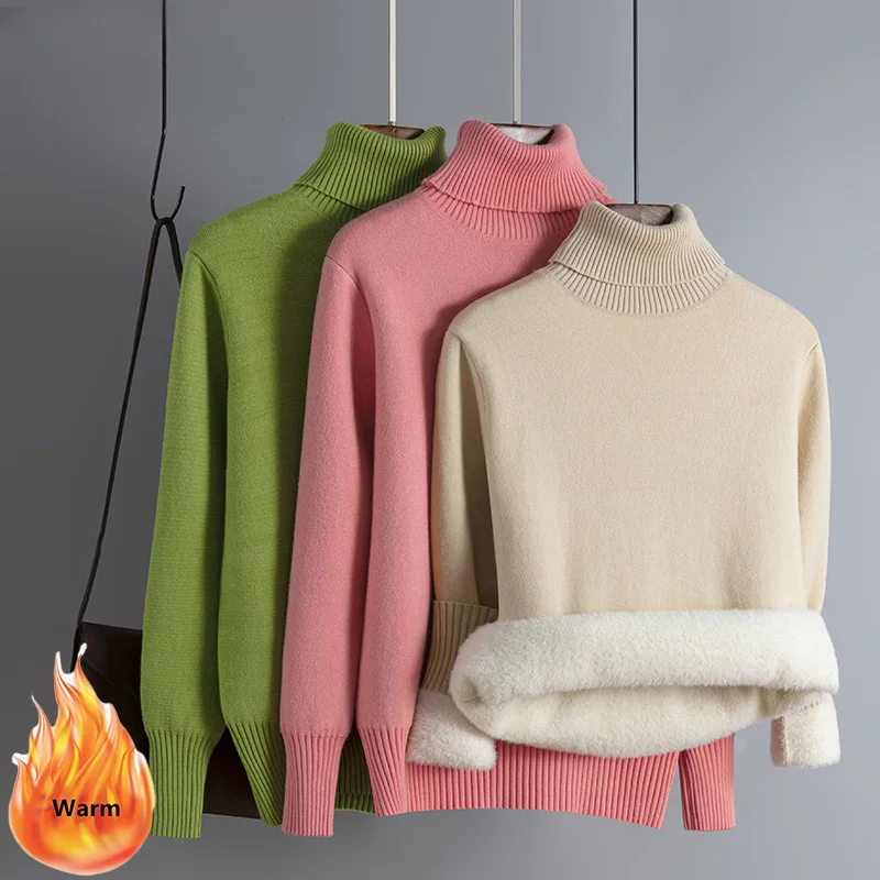 

Winter Turtleneck Slim Sweater Womem Warm Poleras Plush Lined Thicken Knit Pullover Korean Pulls Soft Knitwear Jumper Sueter Top