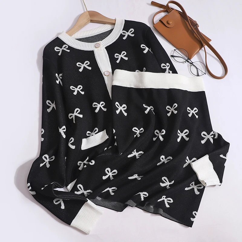 Sweet Bowknot Jacquard Knitting Cardigan Mini Skirt 2 Piece Set Womens Korean Fashion Long Sleeve Knitwear Bodycon Skirt Sets
Sweet Bowknot Jacquard Knitting Cardigan Mini Skirt 2 Piece Set Womens Korean Fashion Long Sleeve Knitwear Bodycon Skirt Sets