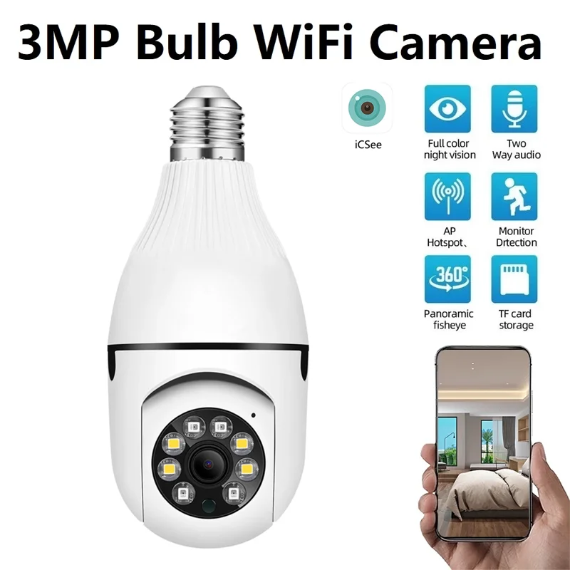 3MP ICSEE APP WIFI Bulb Camera Smart Home Security Protetion Two Ways AUDIO CCTV Surveillance Wireless Camera Mini Baby Monitor
3MP ICSEE APP WIFI Bulb Camera Smart Home Security Protetion Two Ways AUDIO CCTV Surveillance Wireless Camera Mini Baby Monitor