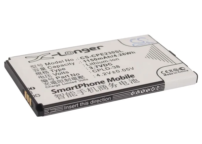 CS 1150mAh/4.26Wh battery for Coolpad E230, E506, F603, F608, S66 CPLD-38
CS 1150mAh/4.26Wh battery for Coolpad E230, E506, F603, F608, S66 CPLD-38